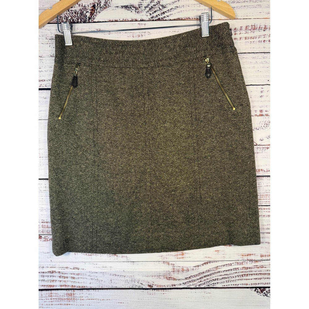 Ann Taylor Pencil Skirt Women 8 Olive Green Wool Blend Tweed Zip Pockets Preppy